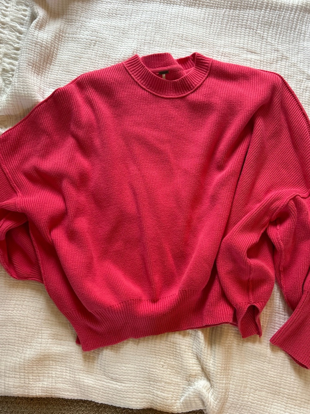 Free People Ribbed Crewneck Sweater in Hot Pink